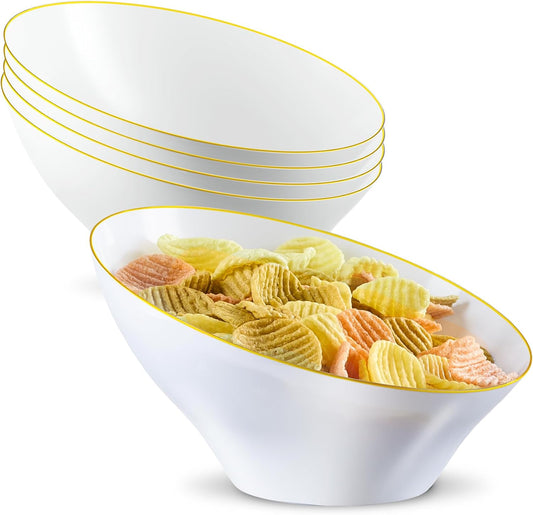 PLASTICPRO Angled Plastic Bowls Disposable Medium Plastic White Serving Bowls with Gold Rim for Party for Appetizer Salads Pack of 4