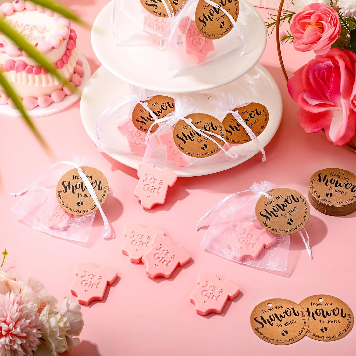 25 Sets Baby Shower Soap Favors for Guests - Boy Girl Mini Handmade Soaps with Thank You Tags and Organza Bags for Shower Gender Reveal Party Favors (Pink,Baby Shirt)