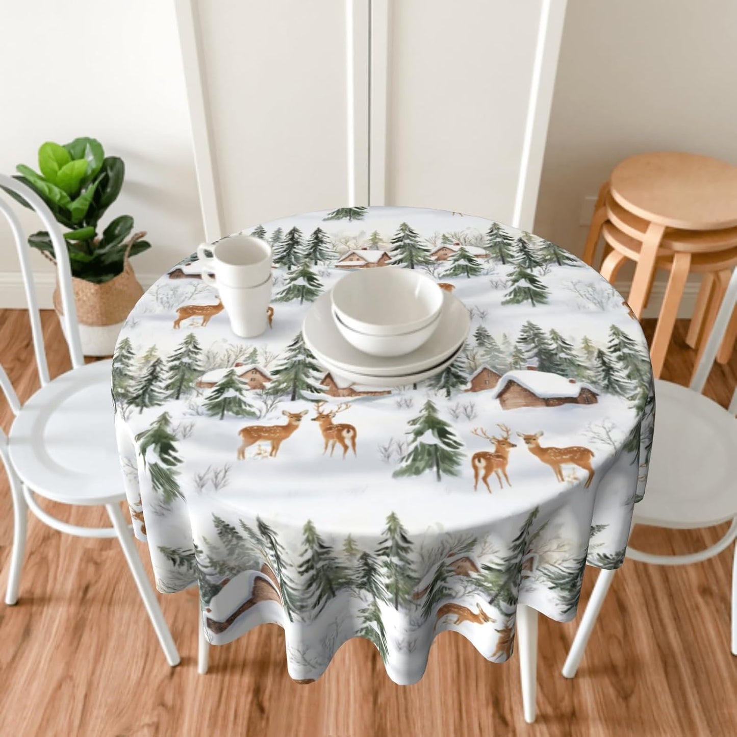 Giwawa Winter Deer Round Tablecloth- 60Inch Christmas Reindeer Elk Trees Table Cover- Xmas Snow Scene Farmhouse Table Cloth Heat Stain Resistant for Kitchen Dining Holiday Indoor Outdoor Decor