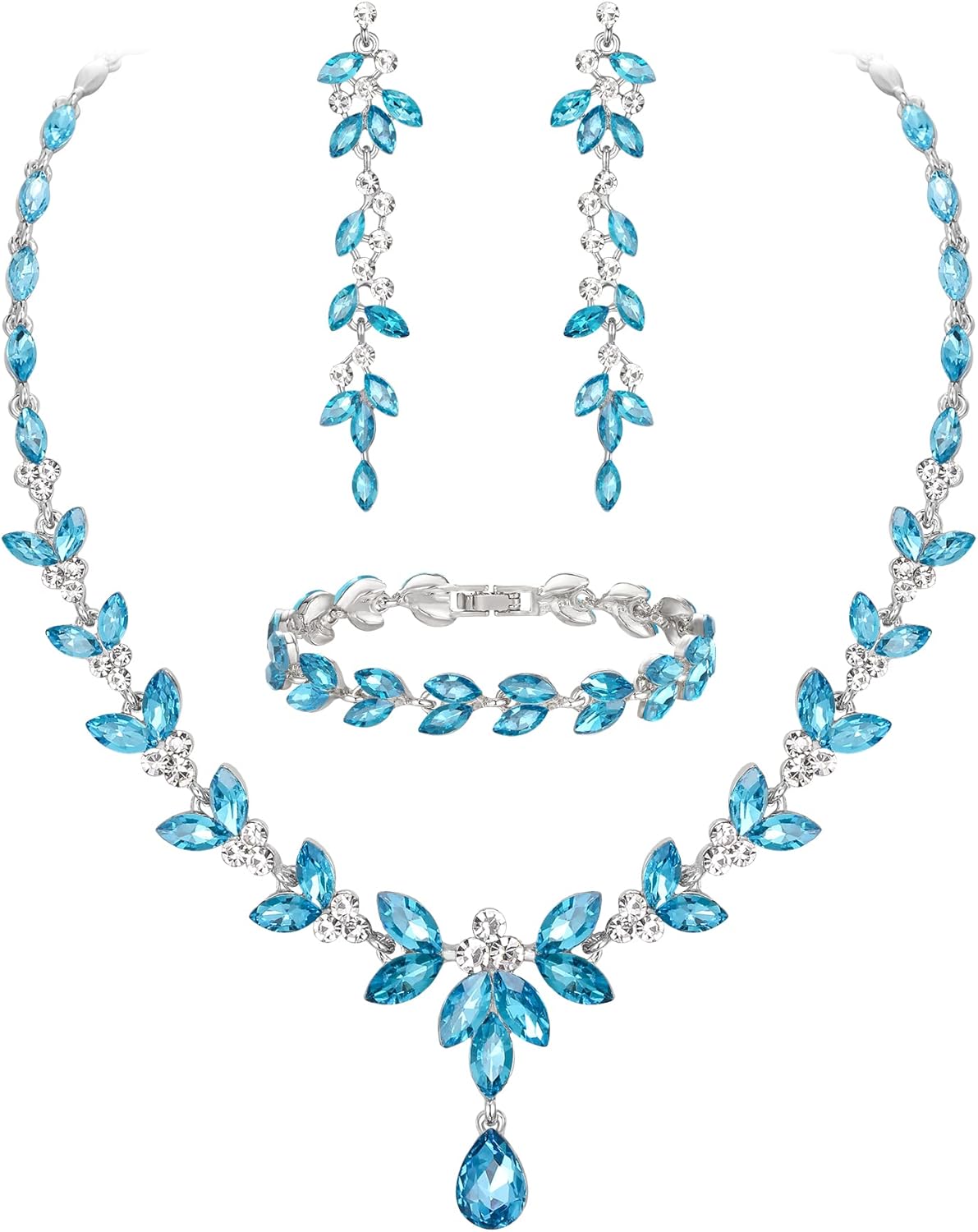 EVER FAITH Austrian Crystal Bridal Bridesmaid Jewelry Sets, Elegant Marquise Rhinestone Leaf Necklace Dangle Earrings Tennis Bracelet Set for Women