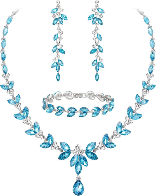 EVER FAITH Austrian Crystal Bridal Bridesmaid Jewelry Sets, Elegant Marquise Rhinestone Leaf Necklace Dangle Earrings Tennis Bracelet Set for Women