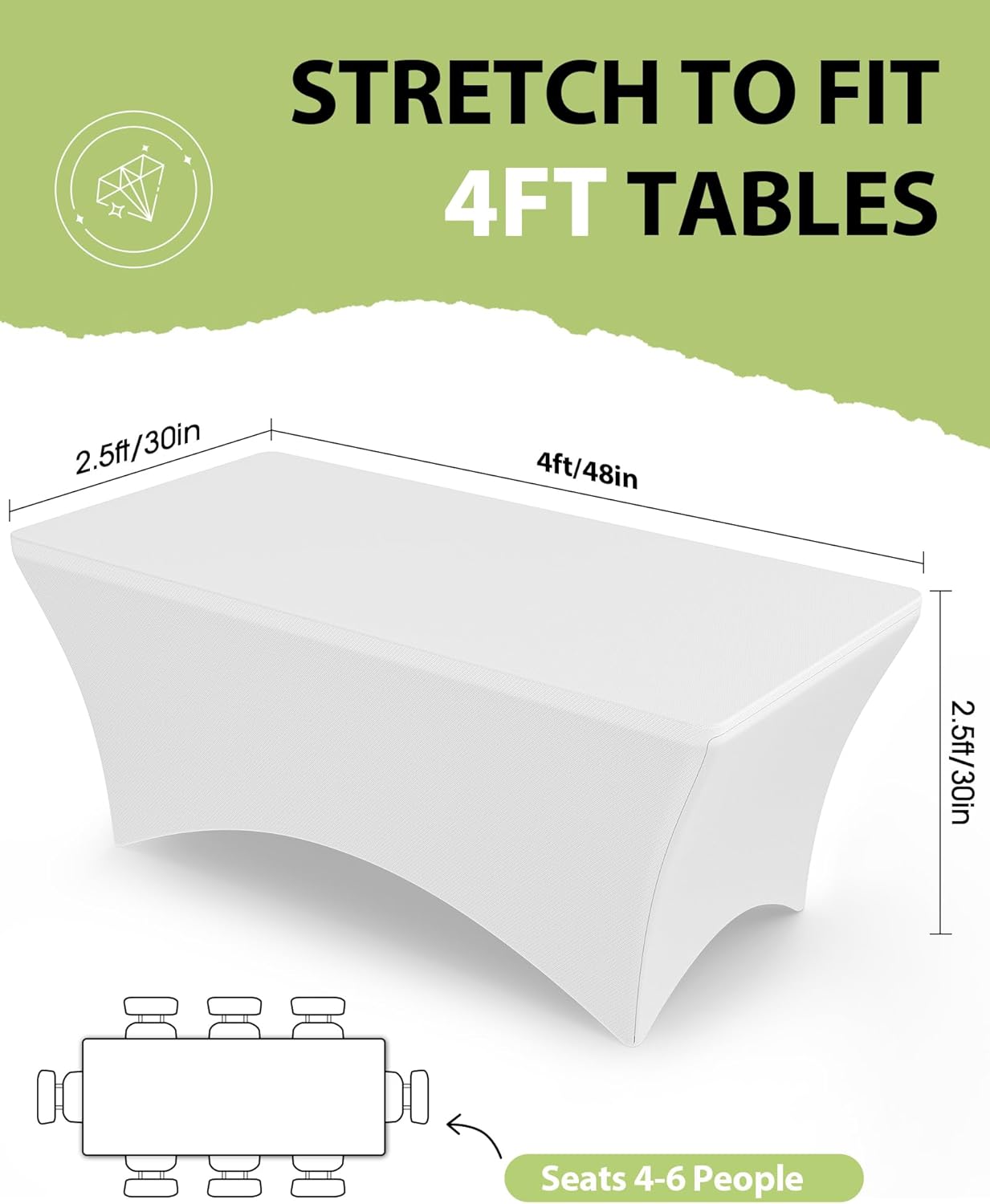 Pureegg Spandex Tablecloth 4ft - 6 Pack, Fitted and Stretch Table Cover for Rectangle Tables, Wrinkle-Resistant and Secure Fabric for Outdoor, Picnic, Party, Wedding, Banquet and Birthday, White