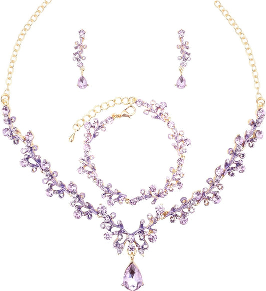 3Pcs Austrian Crystal Jewelry Set for Women, Necklace Dangle Earrings Link Bracelet Jewelry Set with Gold/Platinum/Gun Plated, Wedding Party Jewelry for Bridal Bridesmaid