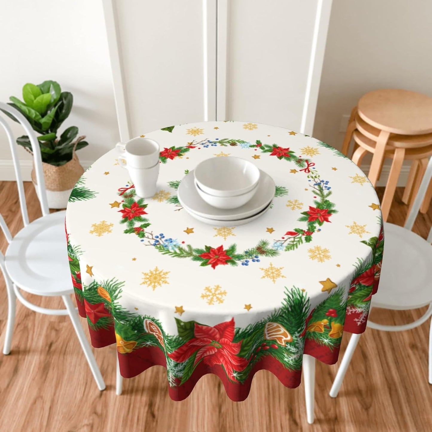 Giwawa Christmas Tablecloth 60 Inch, Winter Poinsettia Floral Round Table Cloth, Xmas Snowflake Holly Berry Table Cover for Kitchen Dining Decor, Waterproof Reusable Tablecloths for Holiday Party
