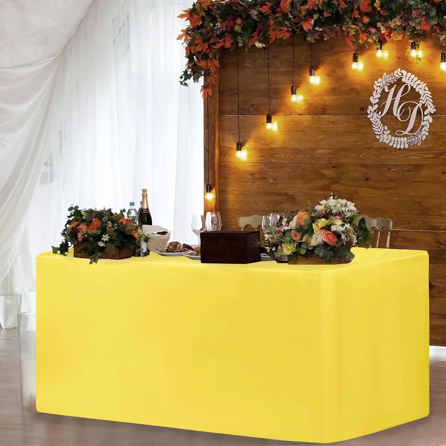 HolidayIdeas Yellow Fitted Table Covers - 96 x 30 Inch - 2 Pack Rectangle Tablecloths for 8 Foot Tables, Polyester Fabric Tablecloth for Parties, Baby Shower, Wedding, Trade Show