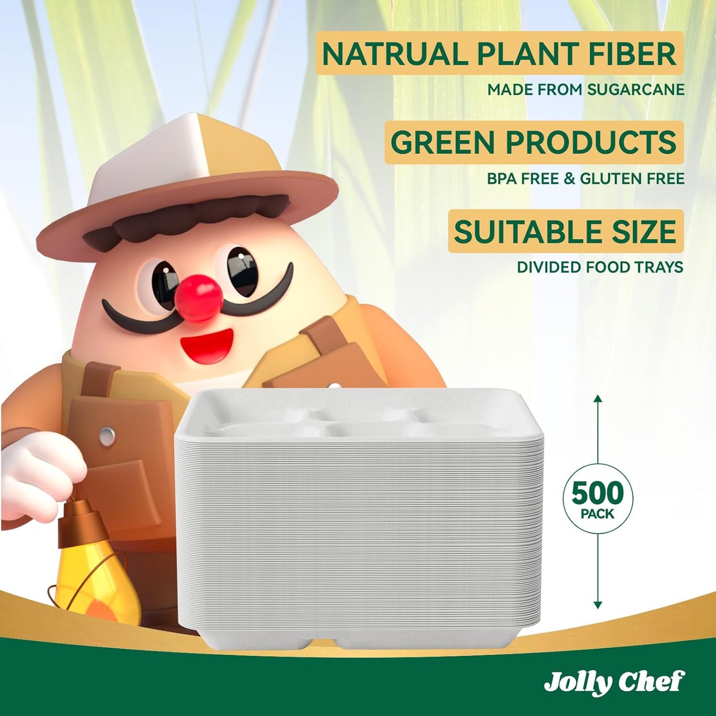 JOLLY CHEF Compostable 𝟱 Compartment Paper Plates 10*8.25*1 𝗶𝗻𝗰𝗵 [𝟱𝟬𝟬 𝗣𝗮𝗰𝗸] Small Heavy Duty Divided Disposable White Eco-Friendly Biodegradable Food Tray for School Lunch Thanksgiving Day