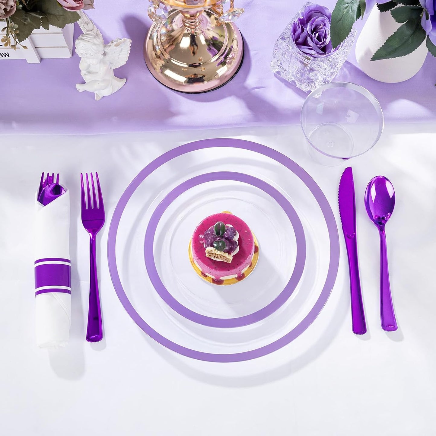 I00000 210 Pcs Clear Purple Plates for 30 Guests, Purple Dinnerware Include 60 Plates, 30 Cups, 30 Pre Rolled Napkins with Cutlery Set for Party and Wedding