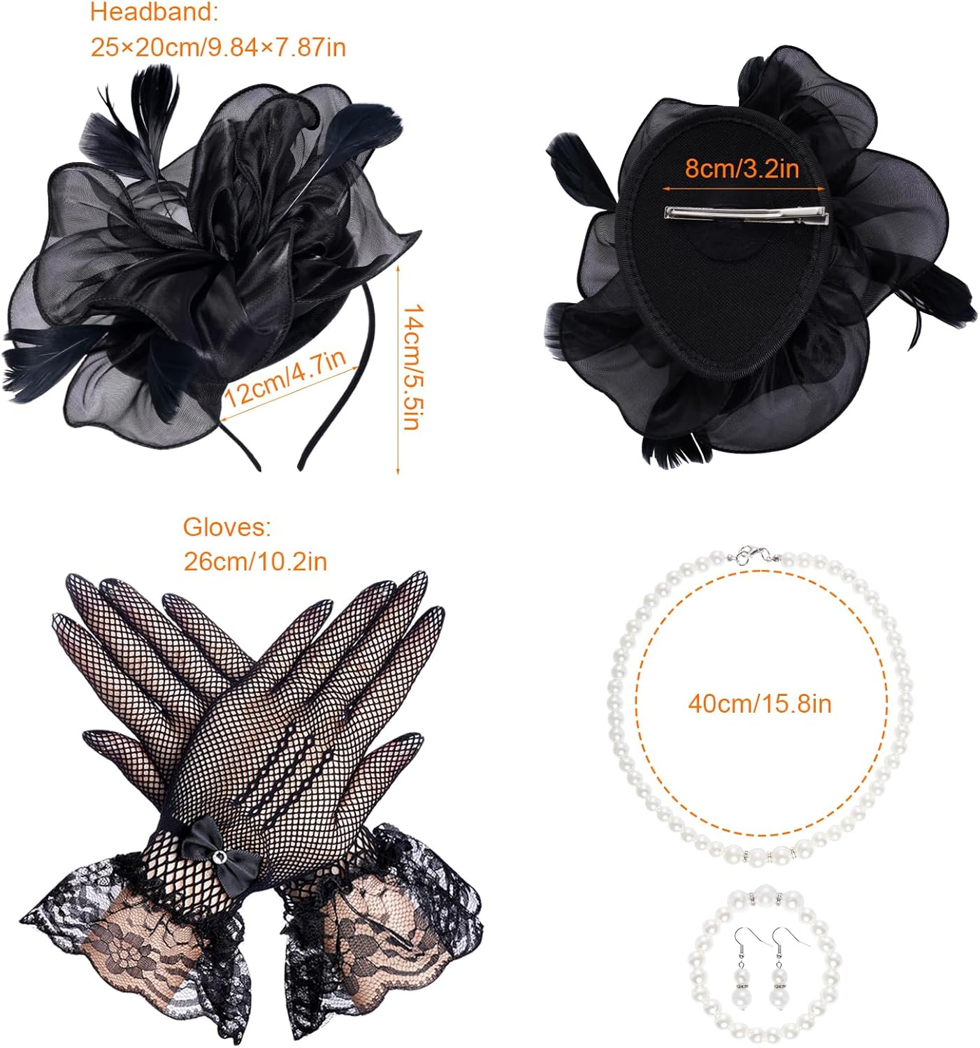 Tea Party Hat Fascinators Headband and Gloves Pearl Set for Women Tea Party Halloween Cocktail Wedding