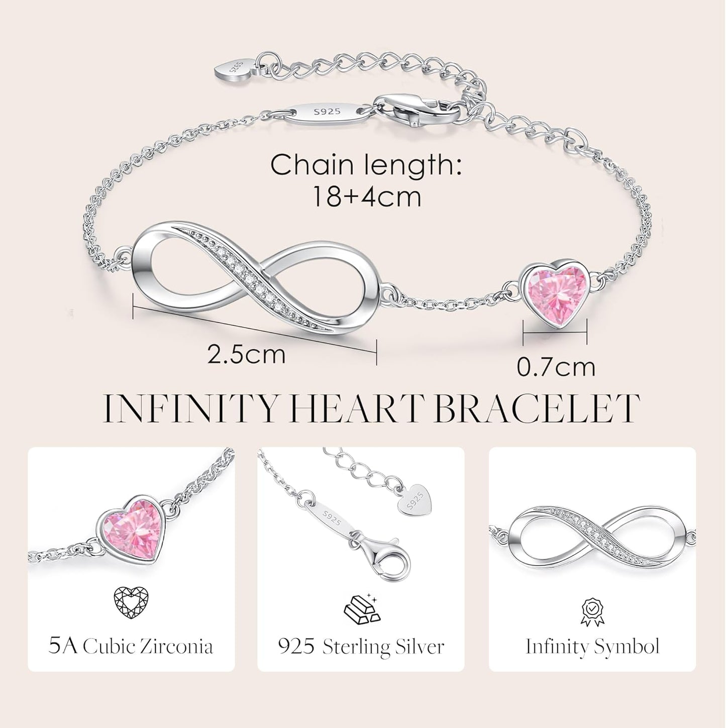 CDE Infinity Heart Birthstone Charm Link Bracelet for Women 925 Sterling Silver Adjustable Mother's Day Christmas Day Gift Anniversary Birthday Jewelry for Wife Girlfriend Her