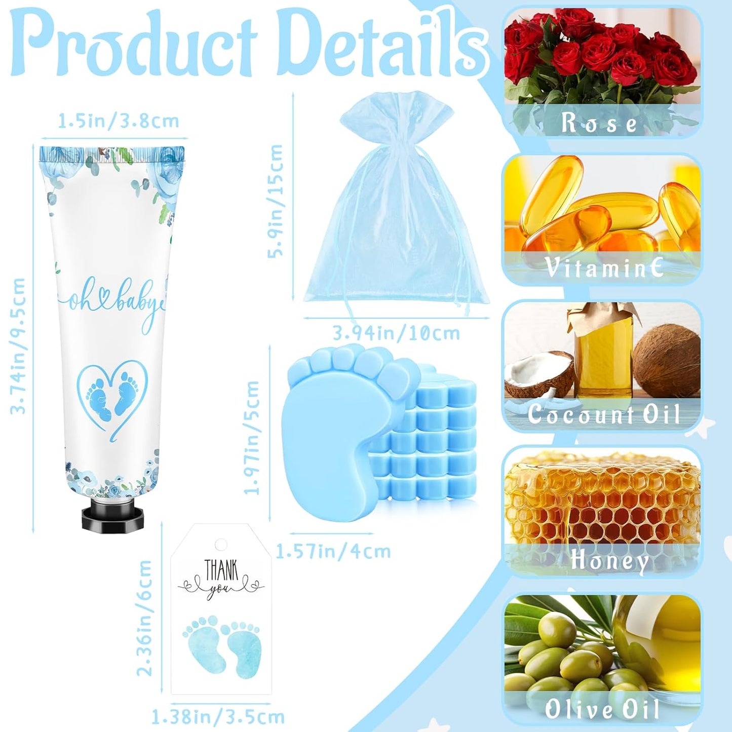 25 Sets Baby Shower Favors for Guests Hand Cream Baby Feet Scented Soap Party Favors Blue Baby Shower Guests Gifts with Organza Bags and Thanks Tags for Baby Shower Wedding Party
