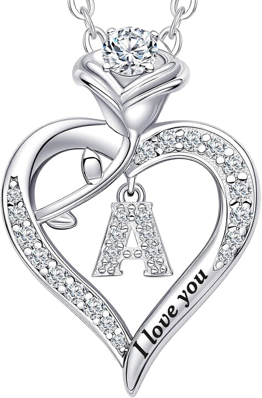 Rose Heart Pendant Necklace Gifts for Wife, Engraved 'I love you' Gift for Wife Girlfriend, Anniversary Birthday Eternity Jewelry Present for Women, Moissanite Necklace Gift for Her