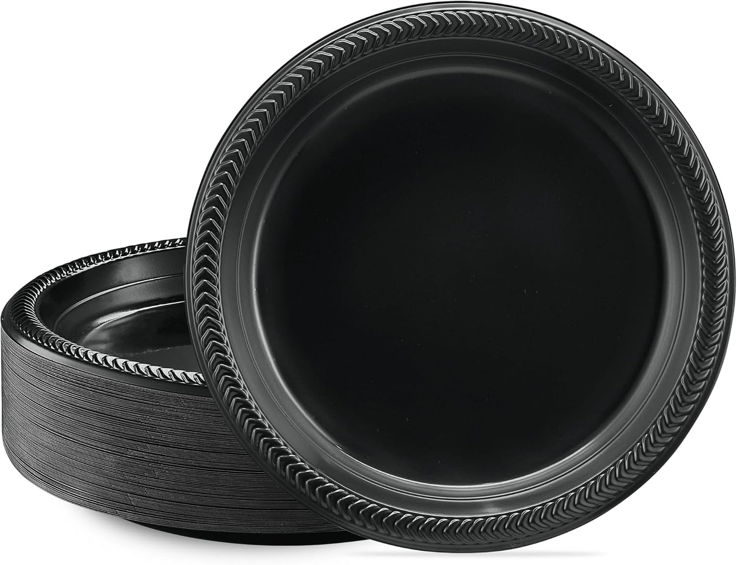 PLASTICPRO 200 PCS Black Plastic Plates Light Weight 9 Inch Plastic Dinner Plates Black Plate Disposable for Party and Wedding