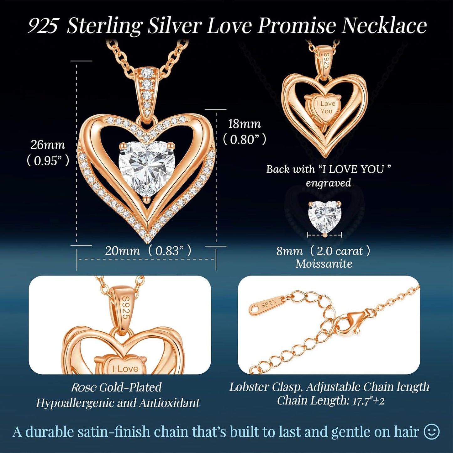 Moissanite Infinity Love Heart Pendant Necklaces for Women, 1-3 Carat 925 Sterling Silver 18K Gold Plated Engraved with"I LOVE YOU', Anniversary Birthday Present Jewelry Christmas Day Gift for Women Wife Girlfriend Her