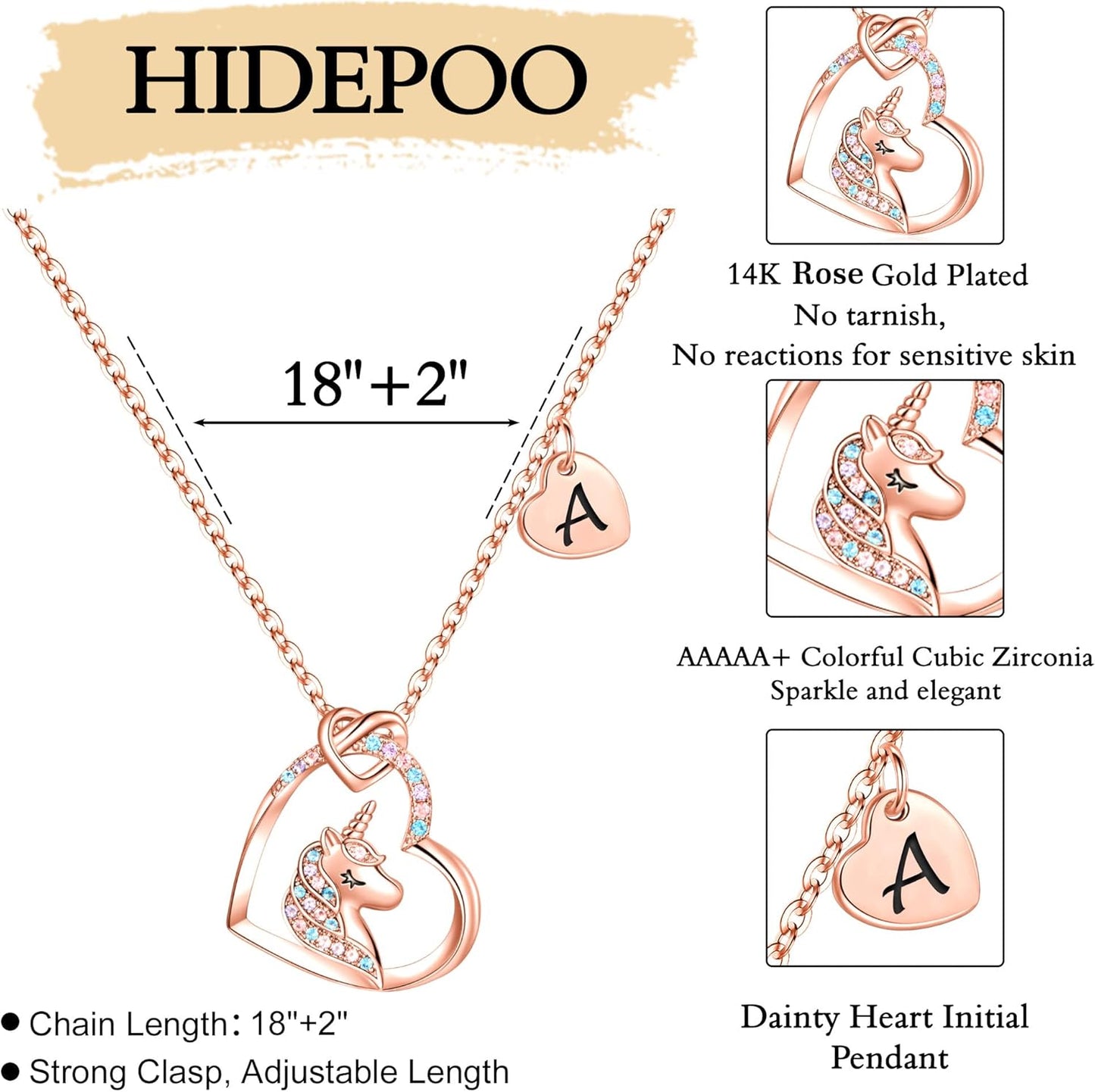 Hidepoo Stocking Stuffers for Teen Girls Kids - Colorful CZ Heart Pendant Initial Unicorn Necklaces for Girl Jewelry Birthday Gift Christmas Gifts for Grandkids Girls Kid