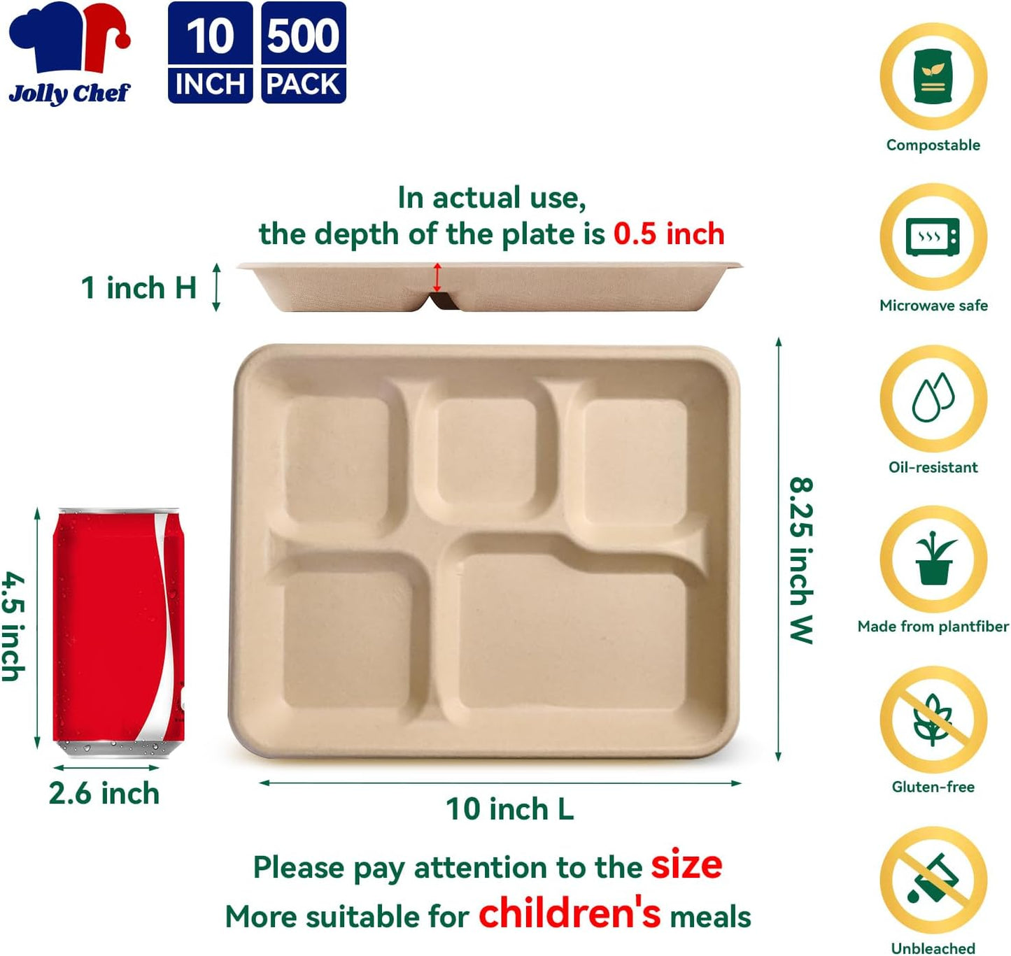 JOLLY CHEF Compostable 𝟱 Compartment Paper Plates 𝟭𝟭 * 𝟴 𝗶𝗻𝗰𝗵 [𝟱𝟬𝟬 𝗣𝗮𝗰𝗸] Heavy Duty Natural Divided Disposable Eco-Friendly Biodegradable Food Trays for Dinner Lunch Thanksgiving Day