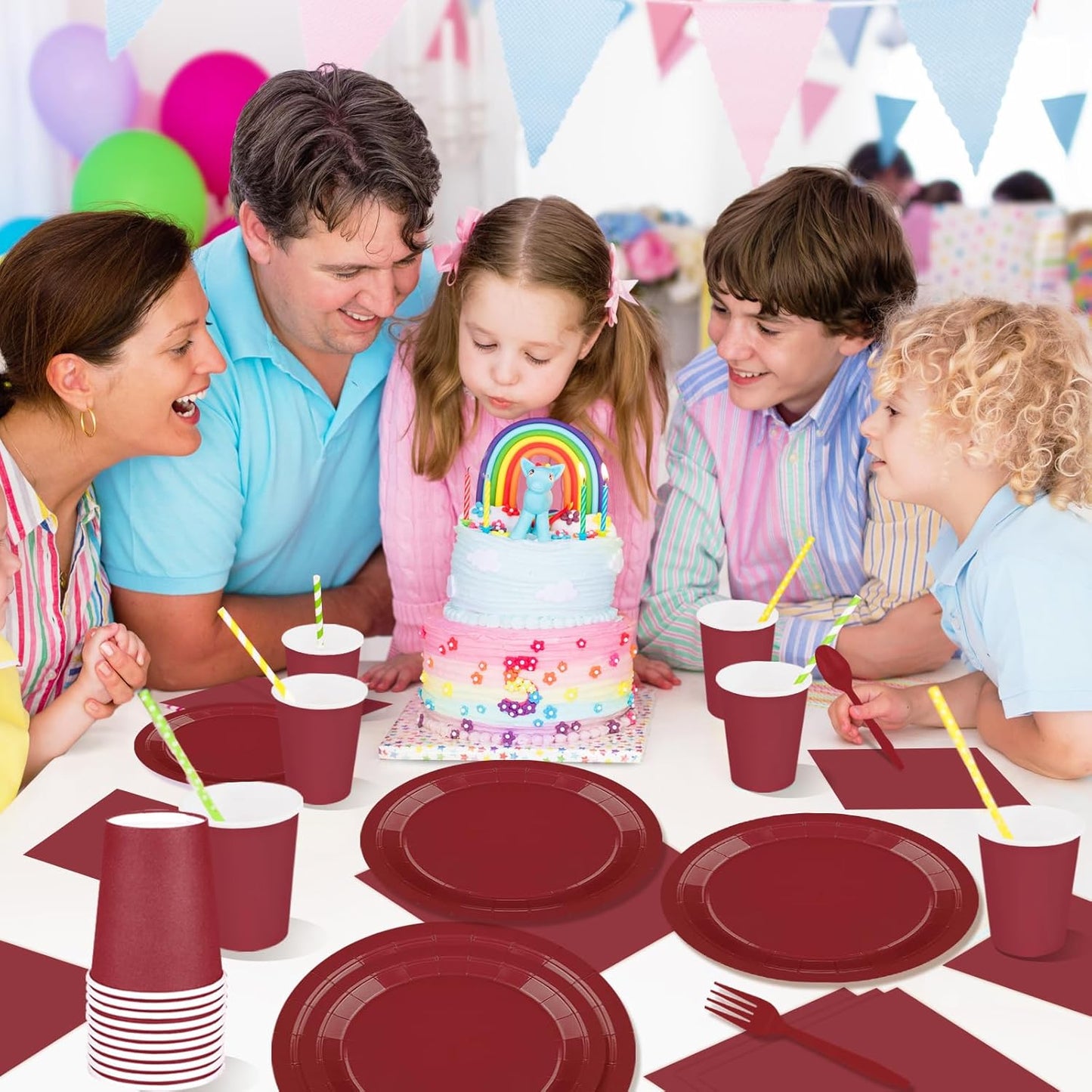 TWOWYHI 228PCS Burgundy Party Supplies Set Include Paper Plates Cups Paper Napkins Plastic Spoons Forks Knives for 30 Guests Disposable Party Dinnerware for Birthday Wedding Family Picnic