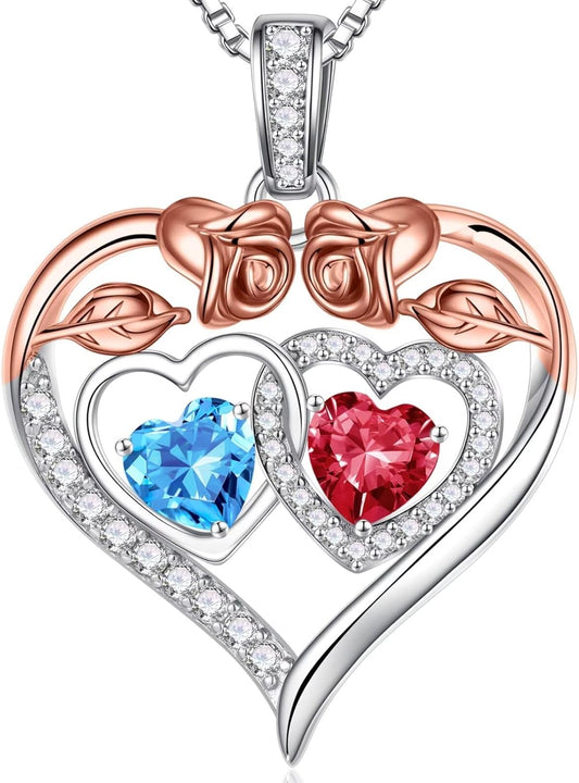 Iefil Double Birthstone Necklace Gifts for Wife Girlfriend Her Women, Birthstone Jewelry Gemstone Valentines Birthday Gifts for Her Women Wife Mom Grandma