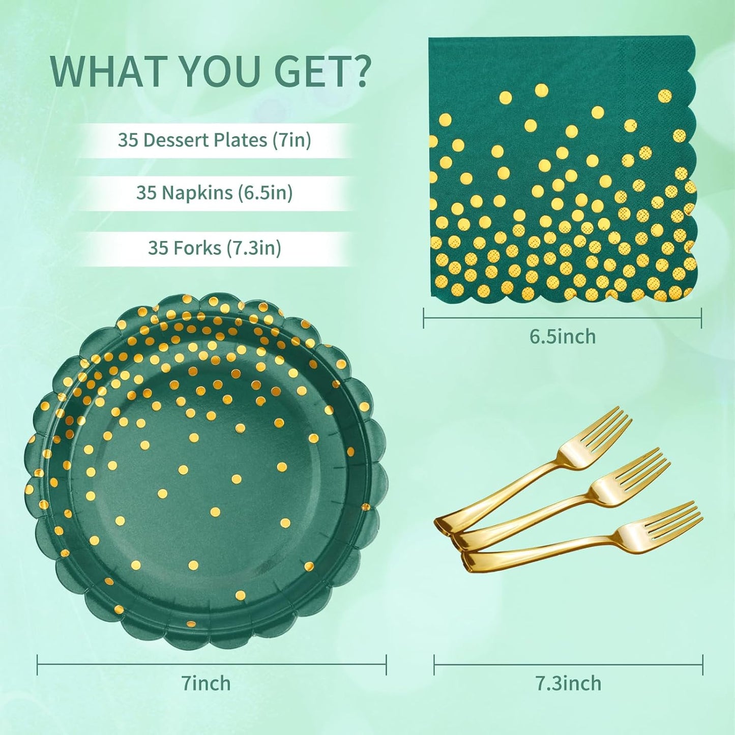 105PCS Green Plates and Napkins Party Supplies, Green and Gold Birthday Party Decorations, 7” Dessert Paper Plates for Wedding Baby Shower Graduation Decorations, Serves 35
