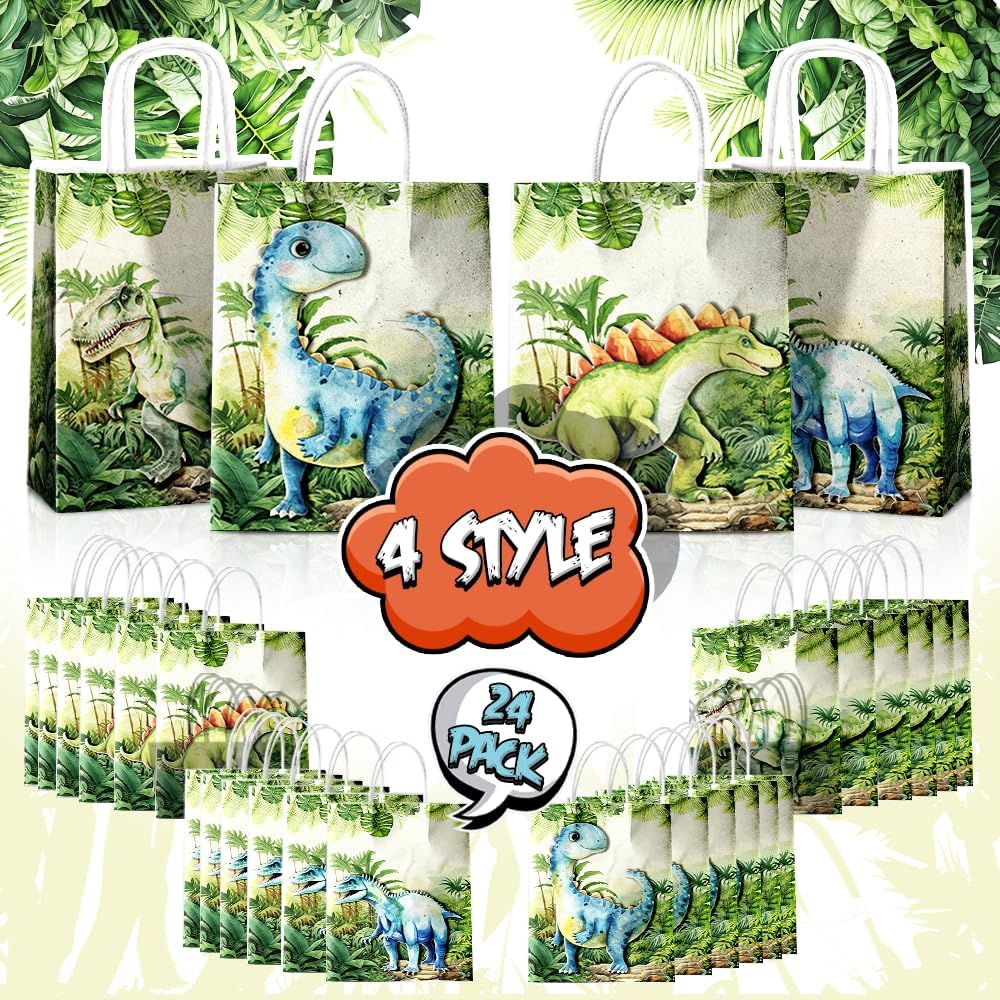 24 Pcs Dinosaur Party Favor Bags with Handles - T rex Goodie Bags Gift Bags. Dino Theme Candy Bags for Kids Boys, Kraft Paper Bags for Birthday Party Supplies, and Baby Shower Decorations.