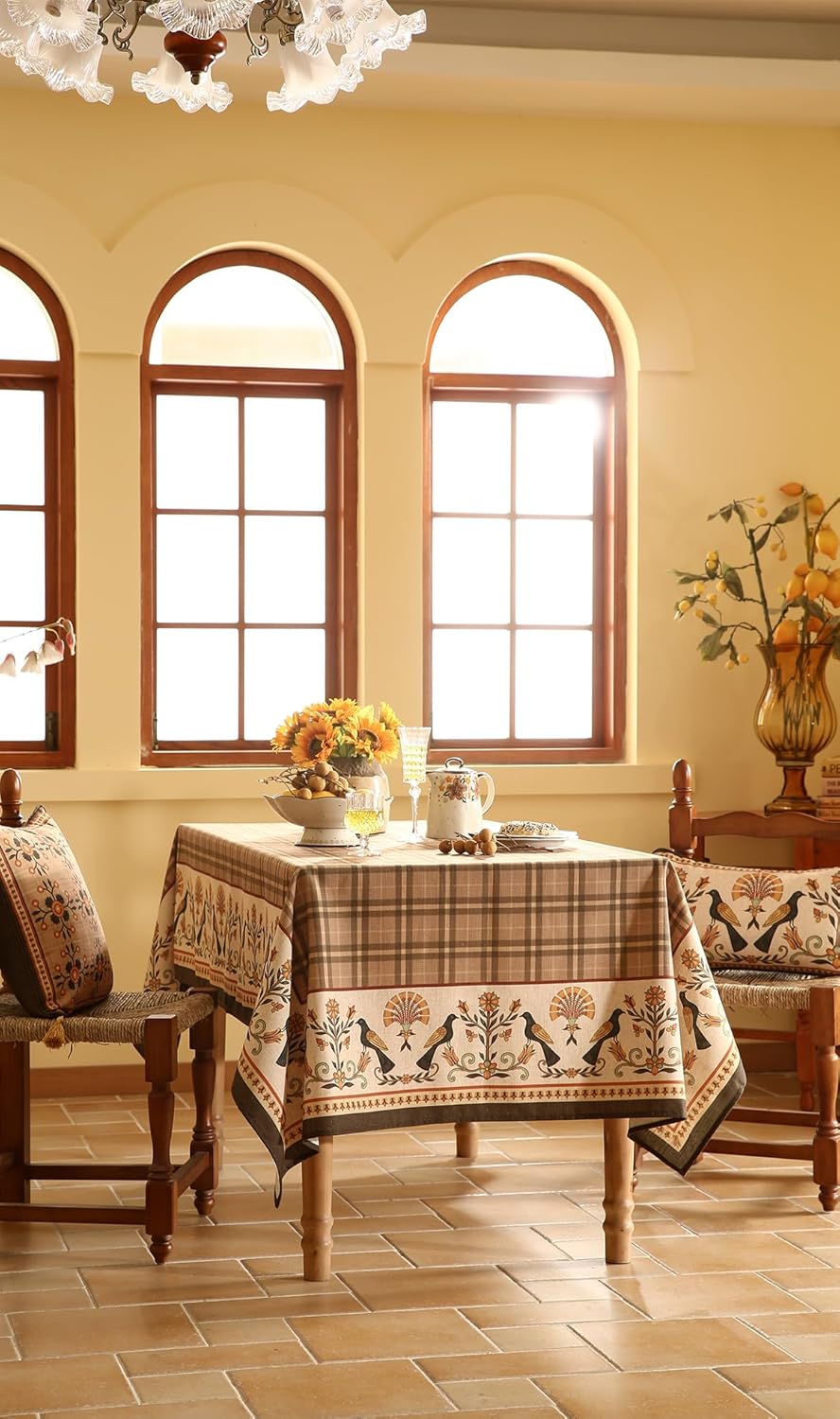 Vintage Brown Checkered Small Square Tablecloth,Italian Style Soft Linen Wrinkle Resistant Table Cloth,Decor Table Cover for Kitchen,Dining,Thanksgiving,Christmas,55"*55"-Seville