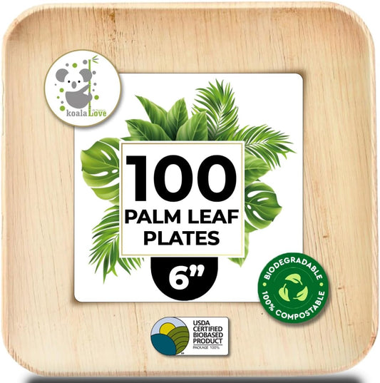 Palm Leaf Plate Bamboo Paper Disposable 6 Inch 100 Bulk Appetizer and Dessert Square Party Pack Eco Biodegradable Compostable Wooden Plates Better Than Plastic Plates By KoalaLove