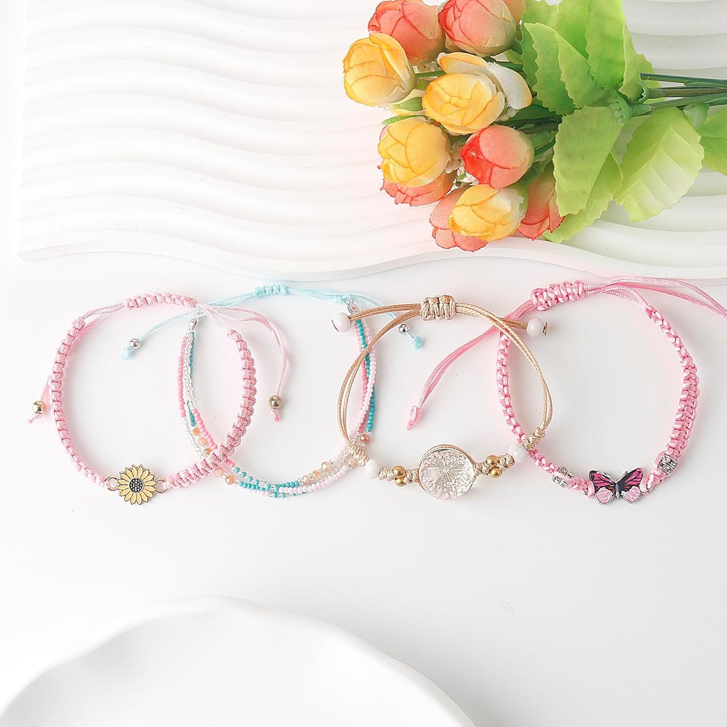 DS 4PCS String beads Charm Bracelets for Teen Girls Dainty cute cartoon Butterfly Daisy Eternal flower Beads Bracelets set for woman and girls Adjustable Stretch bracelet birthday Gift For Friends