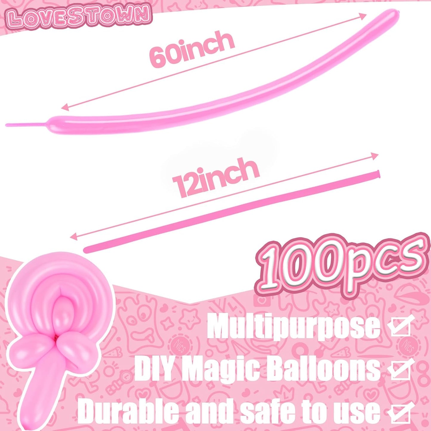 LovesTown Pink 260 Animal Balloons，100 PCS Long Latex Balloons for Animal Modeling Weddings Birthdays Festival Party Decor