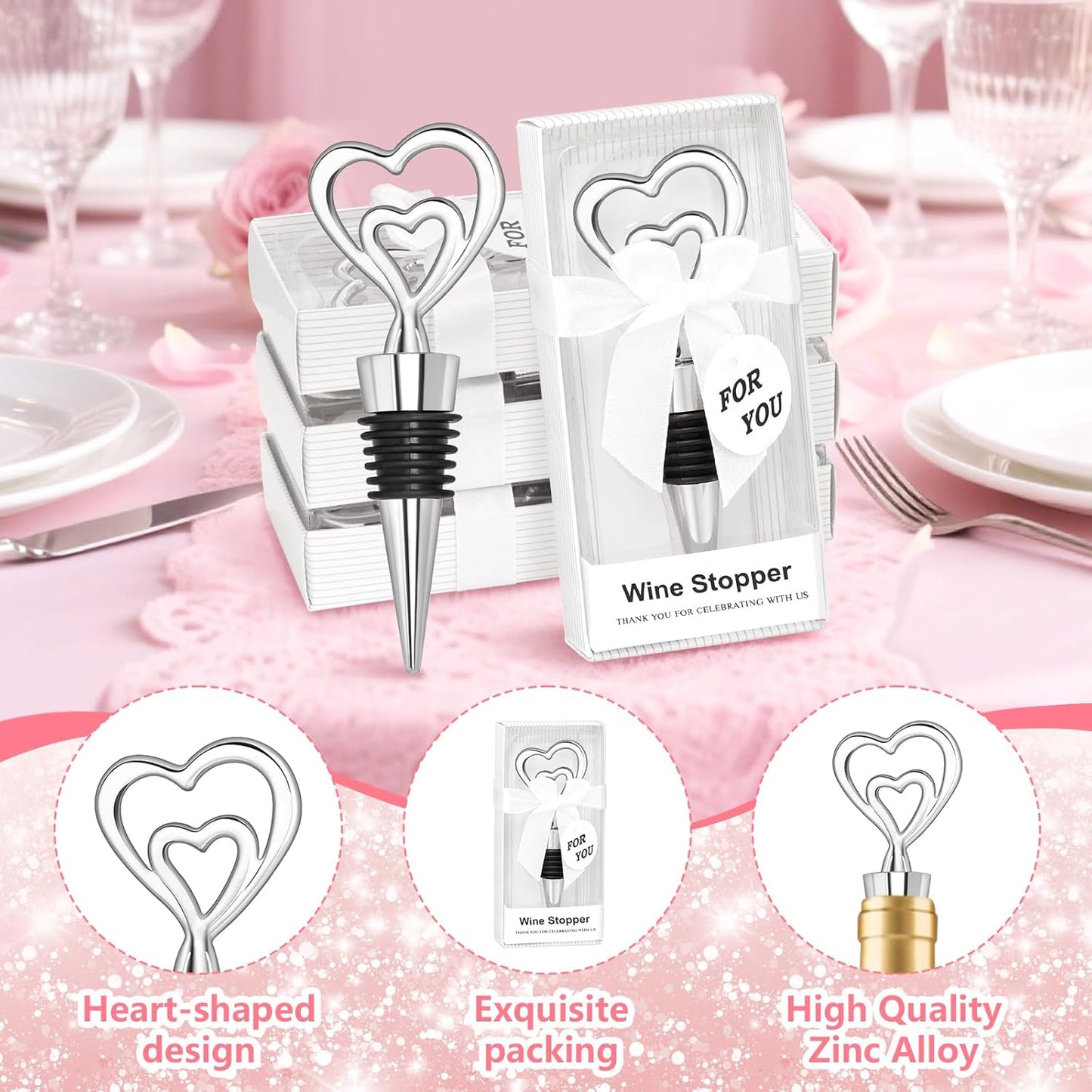 30PCS Double Heart Wine Stoppers for Wedding Favors Bridal Shower Heart Design Party Gifts for Guests Souvenir Decorations with Individual Package