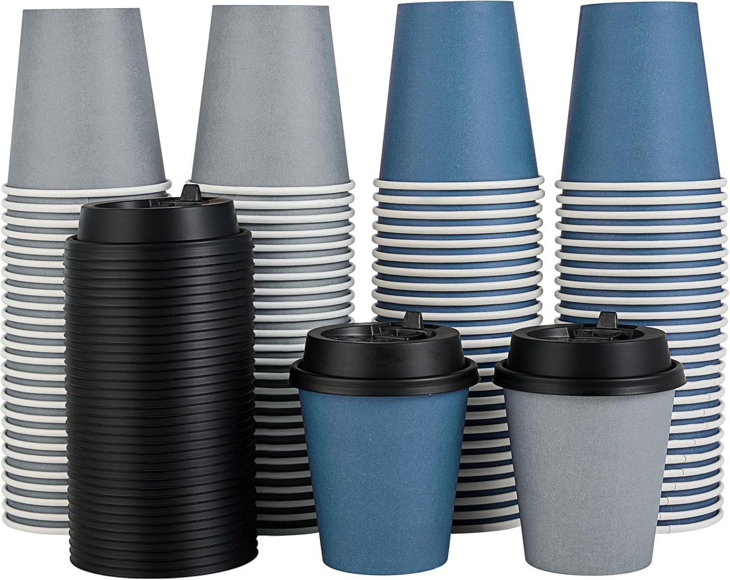 LITOPAK 100 Pack 10 oz Disposable Paper Coffee Cups with Lids for Coffee, Water, Juice, or Tea, Blue and Gray Hot Paper Cups for Home, Restaurant, Store, and Cafe