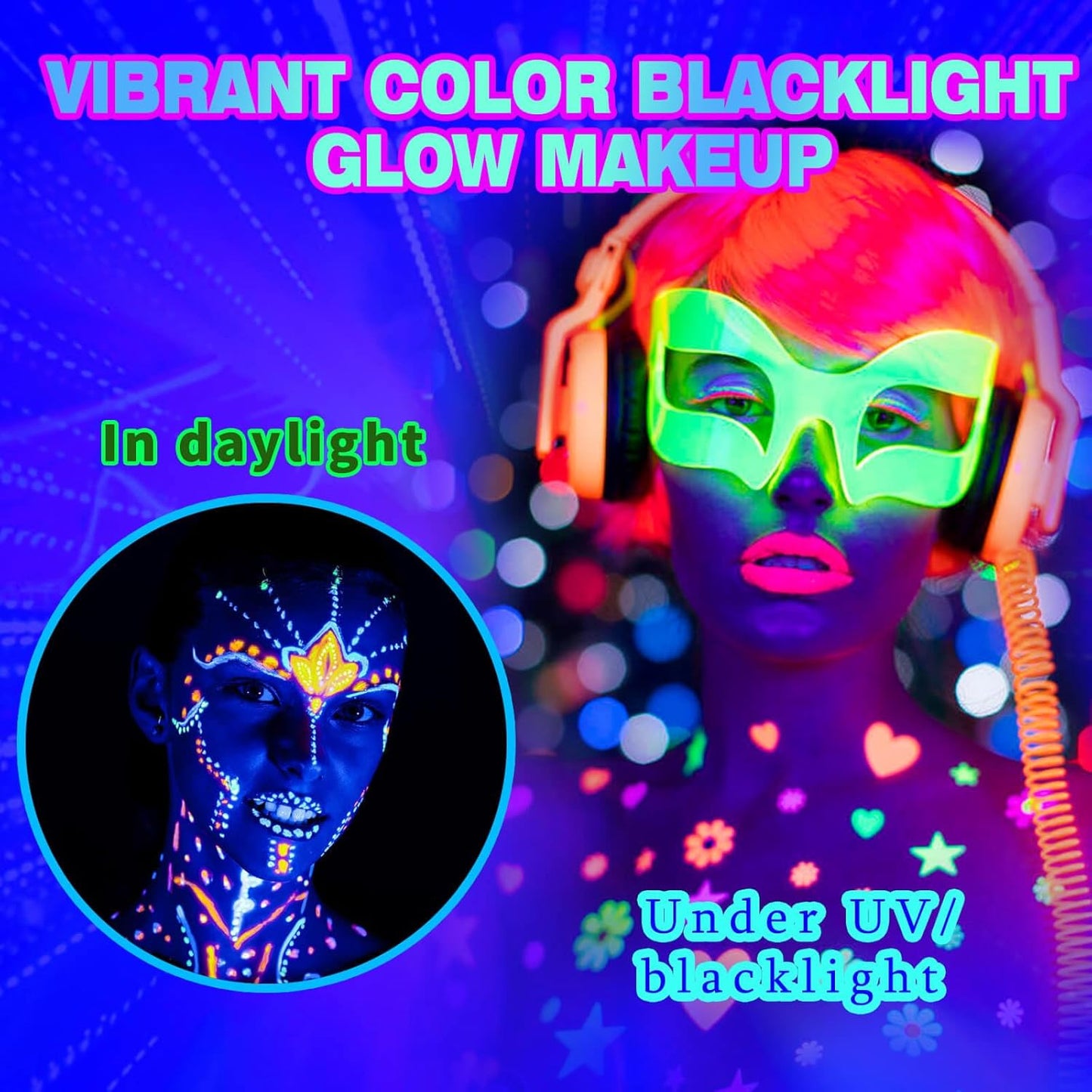 MEICOLY UV Blacklight Face Paint,15 Bright Colors Neon Fluorescent Body Painting Palette,Water Activated Eyeliner,Water Based Makeup Glow In The Dark Halloween Washable for Kids Adult Body Paint