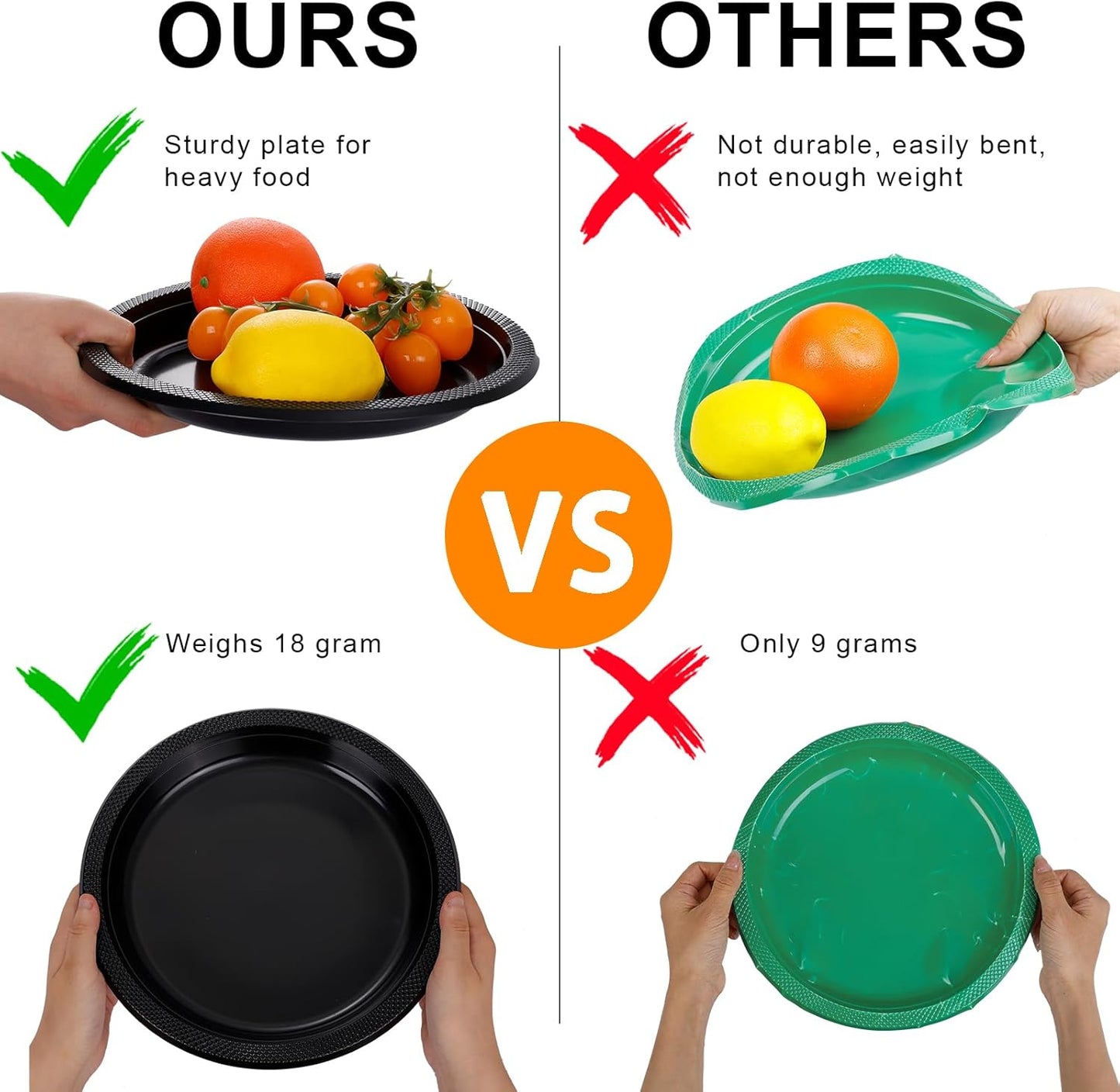 WELLIFE Black Plastic Plates 9 Inch 50 Count Disposable Plate for Party Halloween Plastic Plate for Dinner Dessert Party Supplies Birthday Camping BBQ