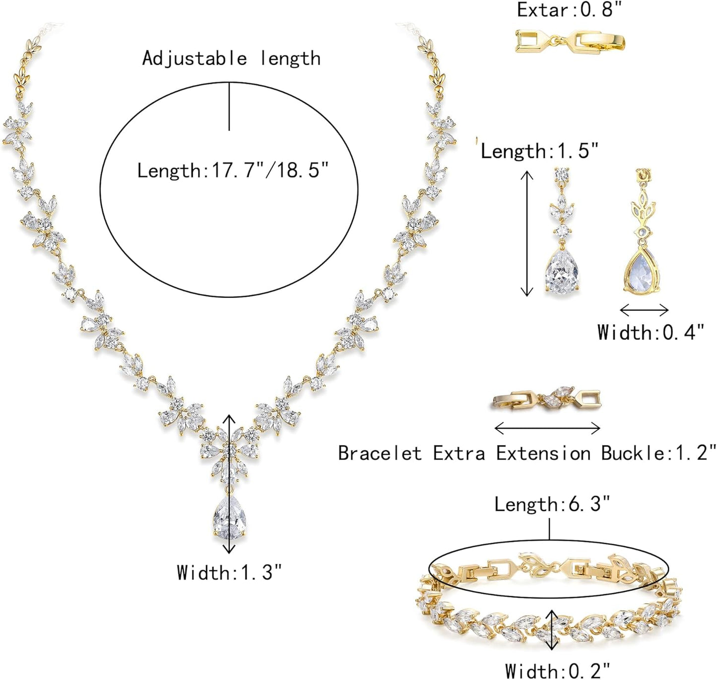 Crysdue Wedding Jewelry Set for Women, Floral Leaf Vine Teardrop Necklace Dangle Earrings Bracelet and Hair Comb, Cubic Zirconia Elegant Party Prom Jewellery for Bridal Bridesmaid