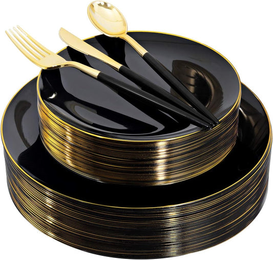 150pcs Black Plastic Plates, Black and Gold Plates,Gold Plastic Silverware,Black and Gold Dinnerware Set,Premiun Taleware,Perfect for Birthday,Party,Wedding,Anniversary