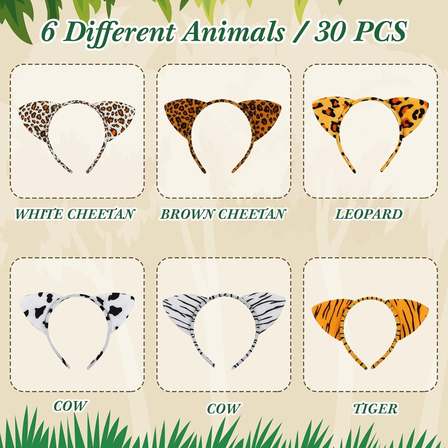 Kigeli 30 Pcs Jungle Animal Safari Ears Headbands for Hair Hoops Photo Booth Props One Birthday Halloween Favors