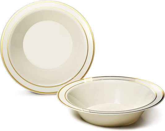 " OCCASIONS " 40 Piece Plates Pack, Heavyweight Disposable Wedding Party Plastic Bowls (14 oz Soup Bowl, Ivory & Gold Rim)