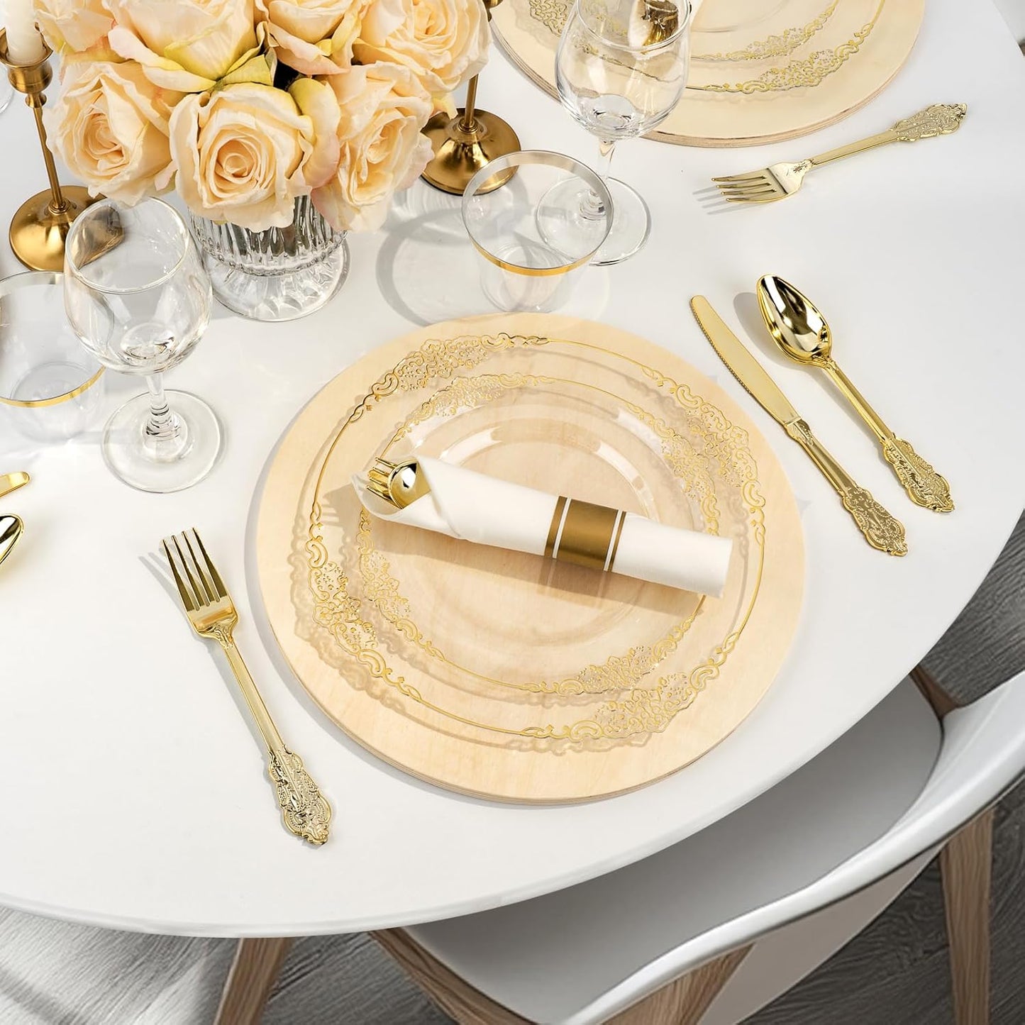 350PCS Clear Plastic Plates for 50 Guests, Disposable Dinnerware Sets Include 100 Gold Rim Plastic Plates, 50 Silverwares, 50 Cups, and 50 Pre Rolled Napkins for Party, Graduation