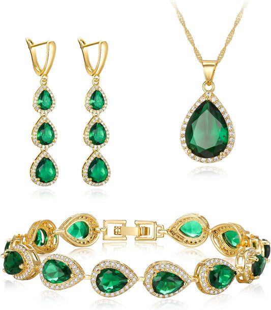 EleQueen Water Drop Pendant Necklace Long Dangle Earrings Tennis Bracelet Set, Sparkle Cubic Zirconia Teardrop Wedding Jewelry Sets for Bride Bridesmaid