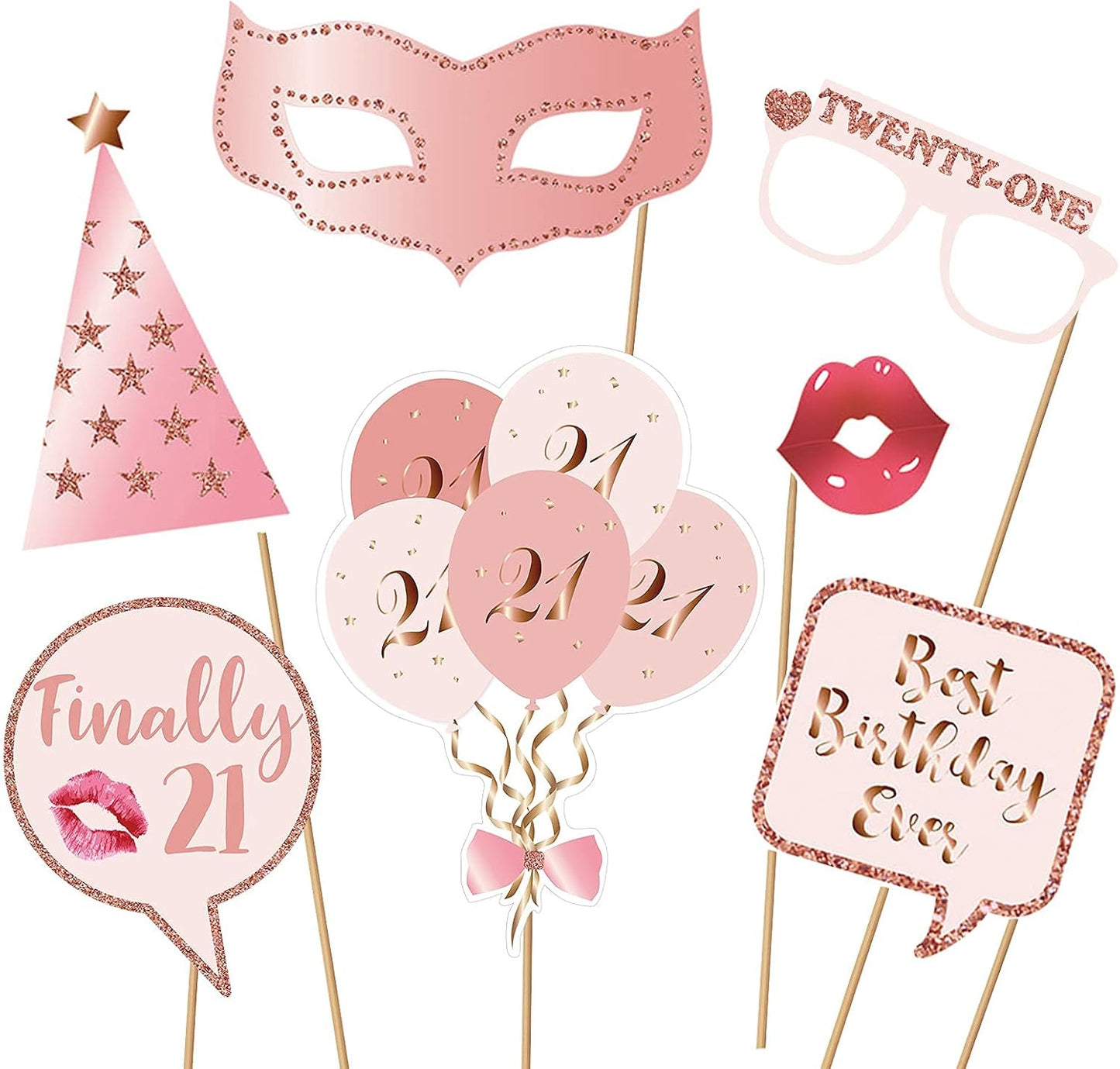Rose Gold 21st Birthday Party Photo Booth Props Kit with Sticks for Girls Women - Selfie Props, Signs, Decorations & Favors
