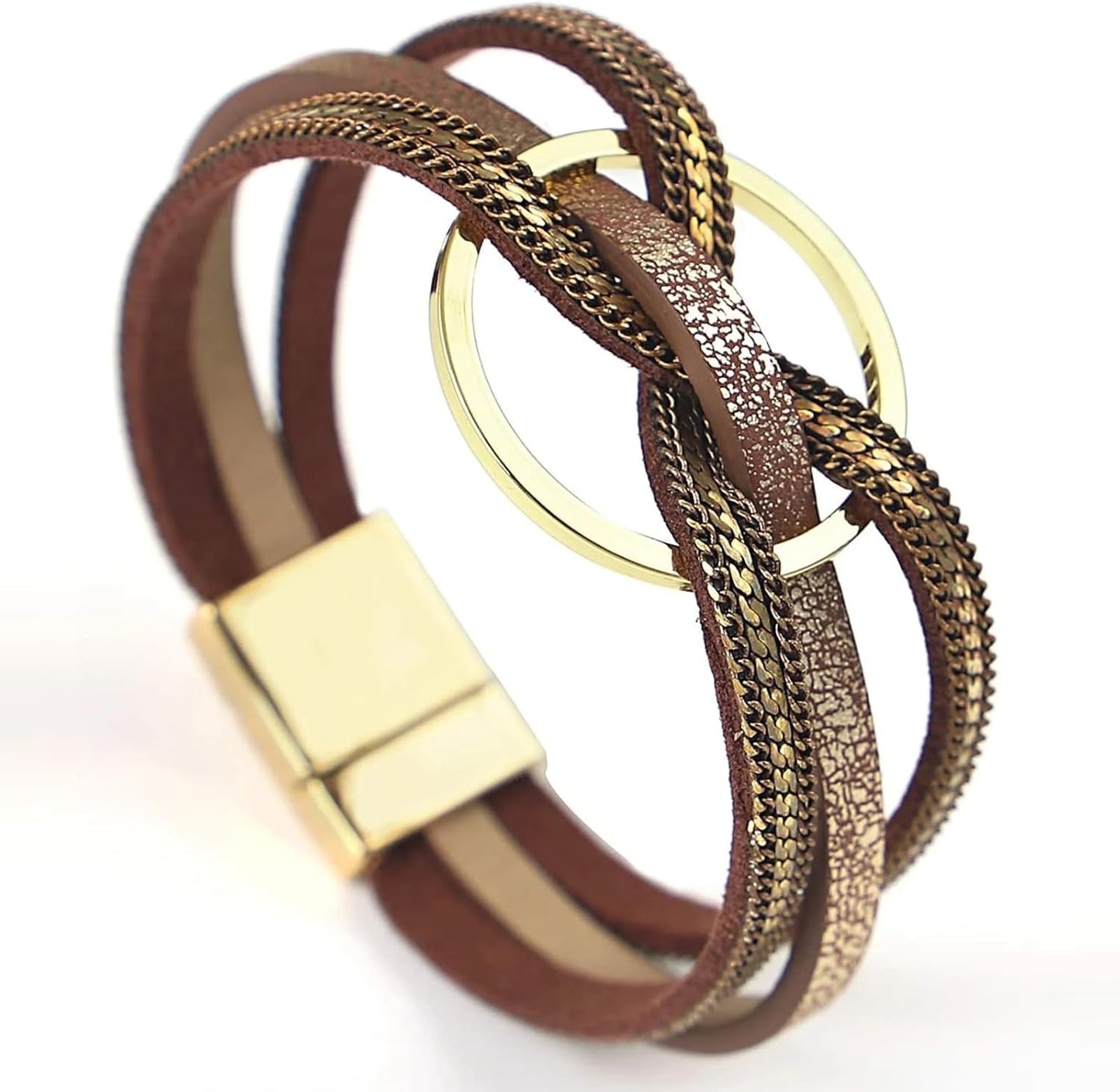 Fesciory Leopard Bracelet for Women, Boho Leather Wrap Multi-Layer Pearl Crystal Bracelet Bangle Jewelry