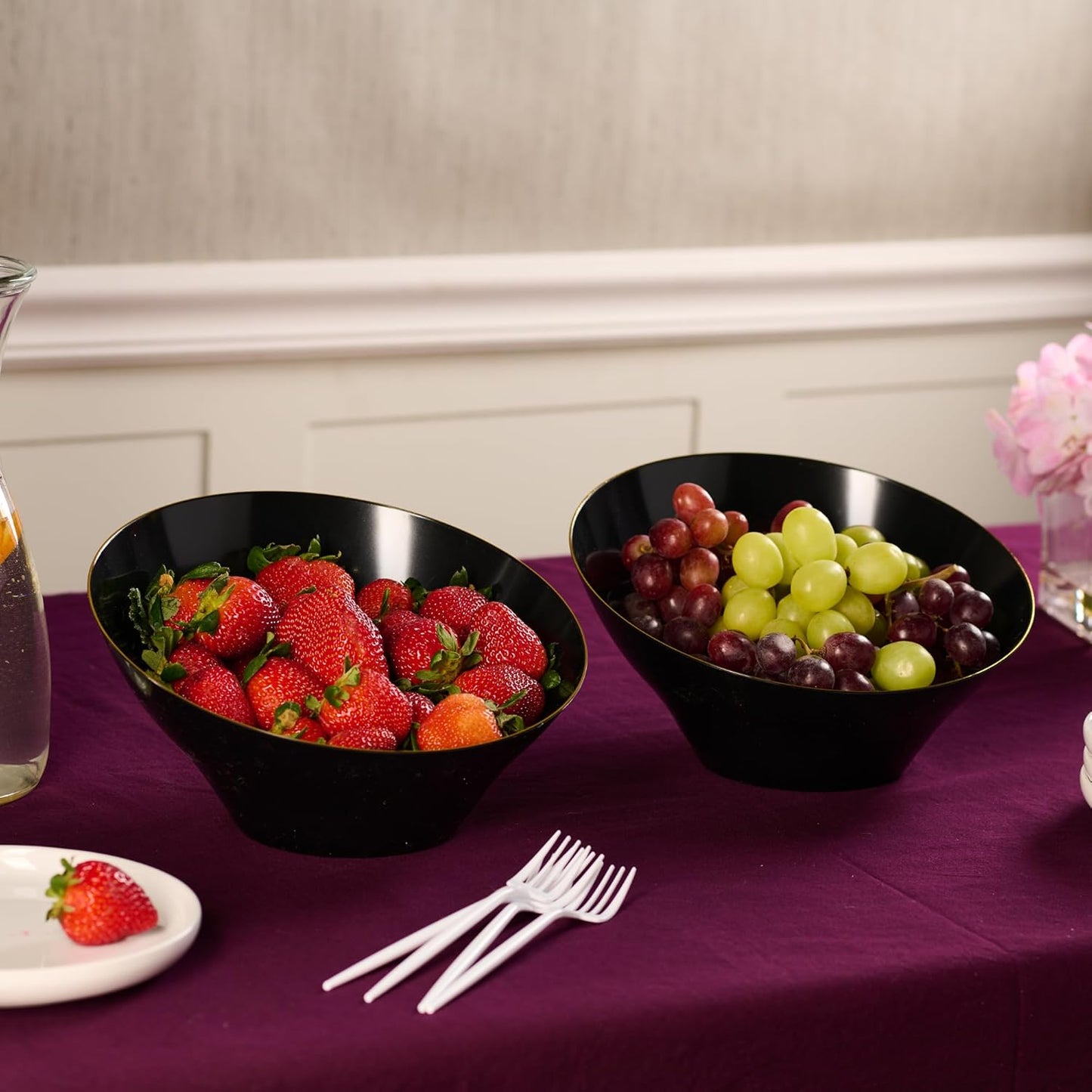 PLASTICPRO Angled Plastic Bowls Disposable Large Plastic Black Serving Bowls with Gold Rim for Party for Appetizer Salads Pack of 4