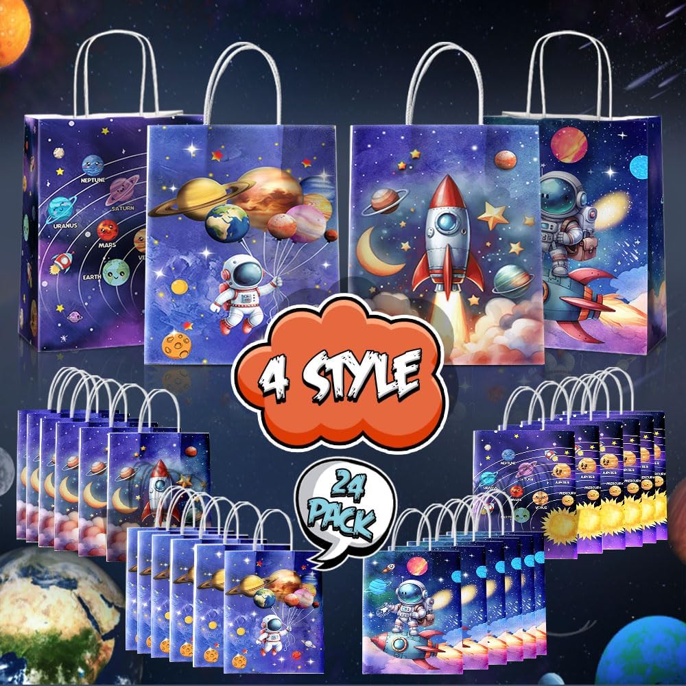 24 Pcs Astronaut Party Favor Bags with Handles - Space Galaxy Themed Solar Eclipse Goodie Gift Candy Kraft Paper Bags for Kids Birthday Party Supplies Decorations