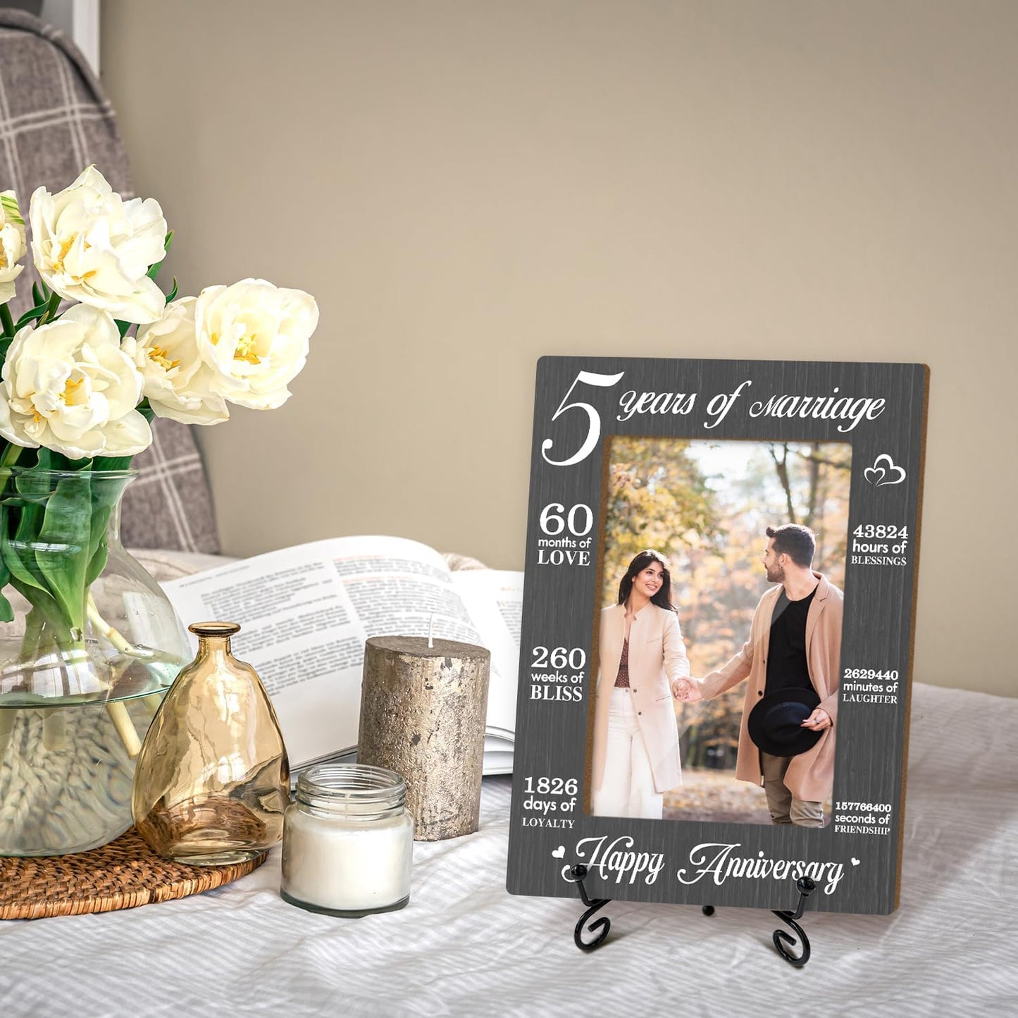 5 Years of Marriage Picture Frame, 5th Anniversary Wedding Valentines Gifts For Couple Husband Wife, 4x6 Wooden Picture Frame Tabletop Display Home Decor -02