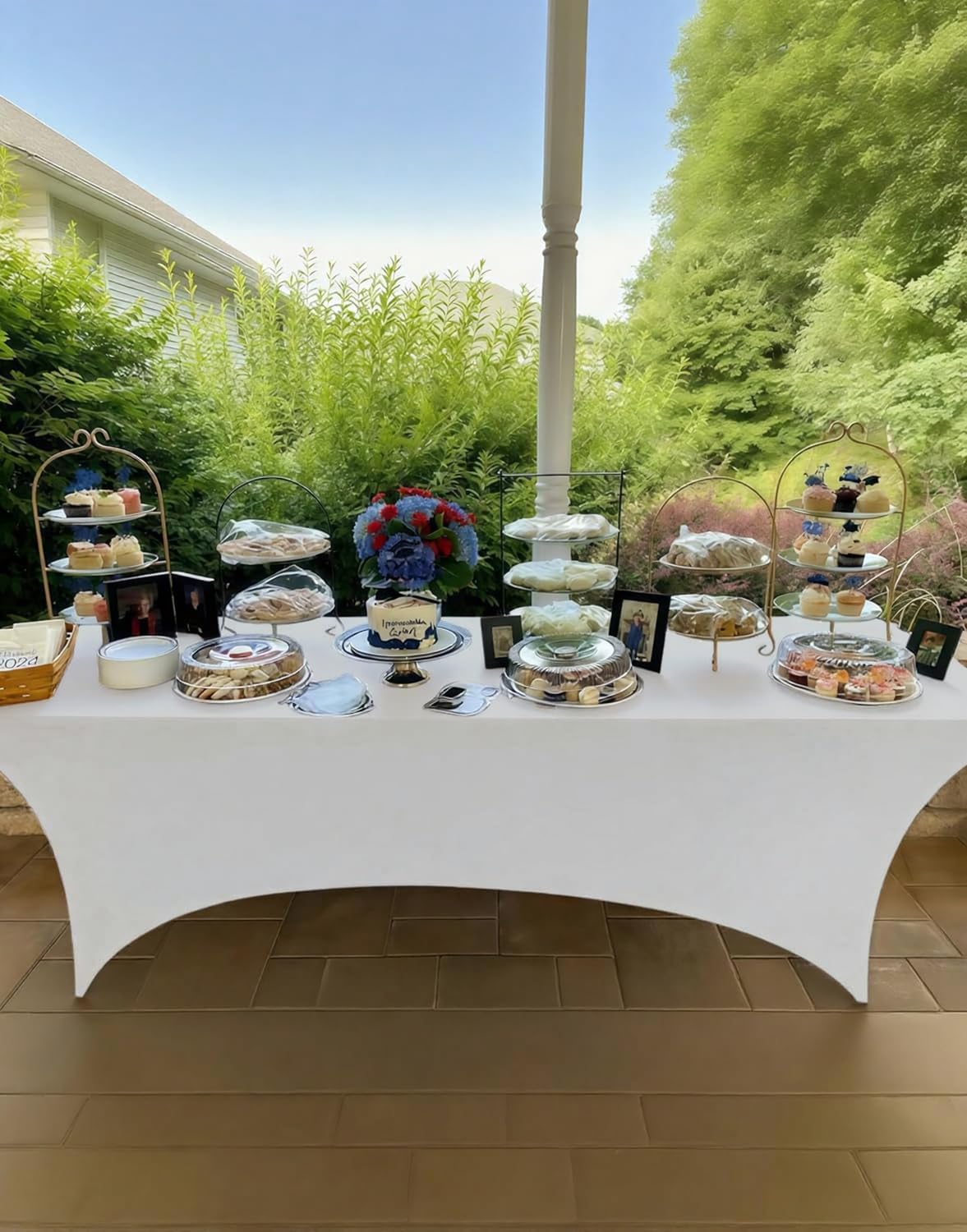 2 Pack 8FT Rectangular Spandex Tablecloth,Wrinkle Resistant Fitted Cover for 96x30 inch Banquet Table Cloth, Washable Stretch Fabric for Party, Events, Wedding, Vendor - White