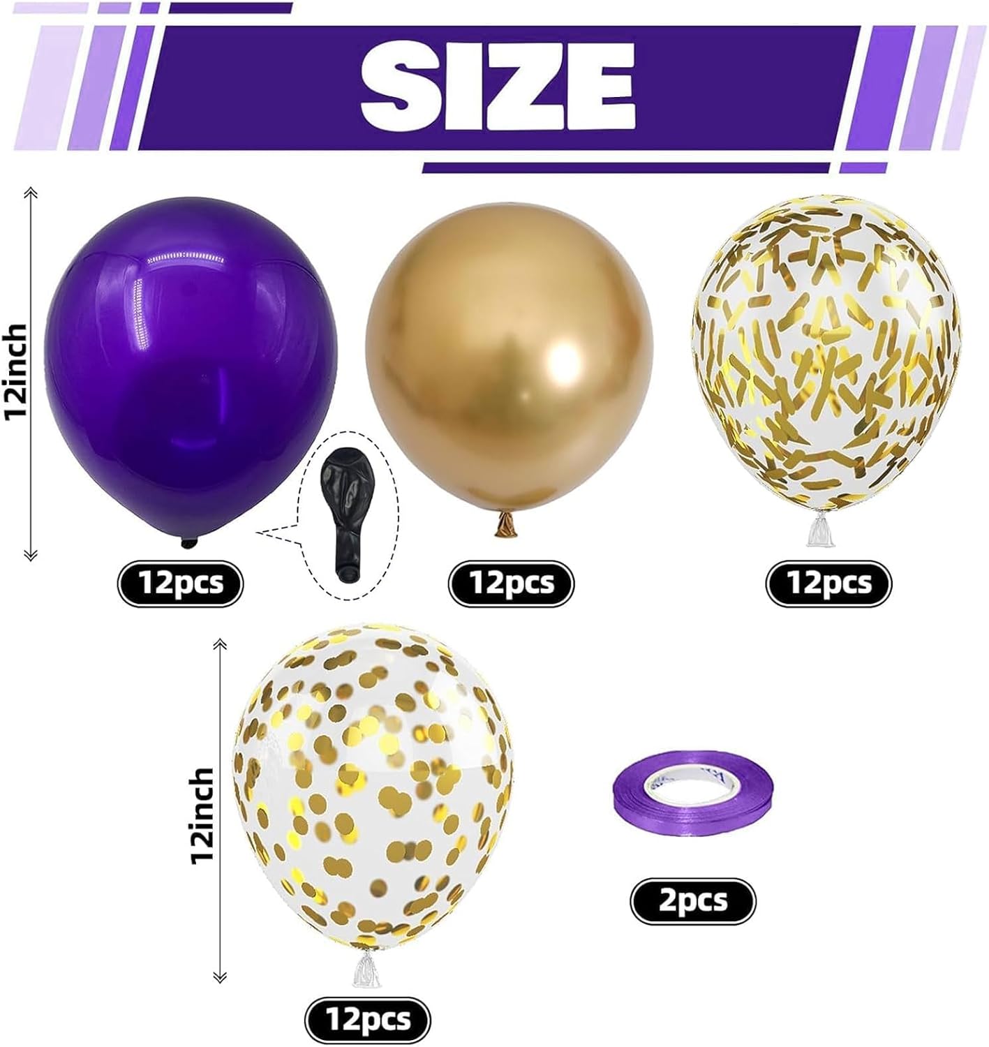 Purple and Gold Balloons, 60 Packs 12 Inch Dark Purple and Gold Confetti Metallic Party Balloons with Ribbons for Girls Women Birthday, Wedding, Graduation Decoration