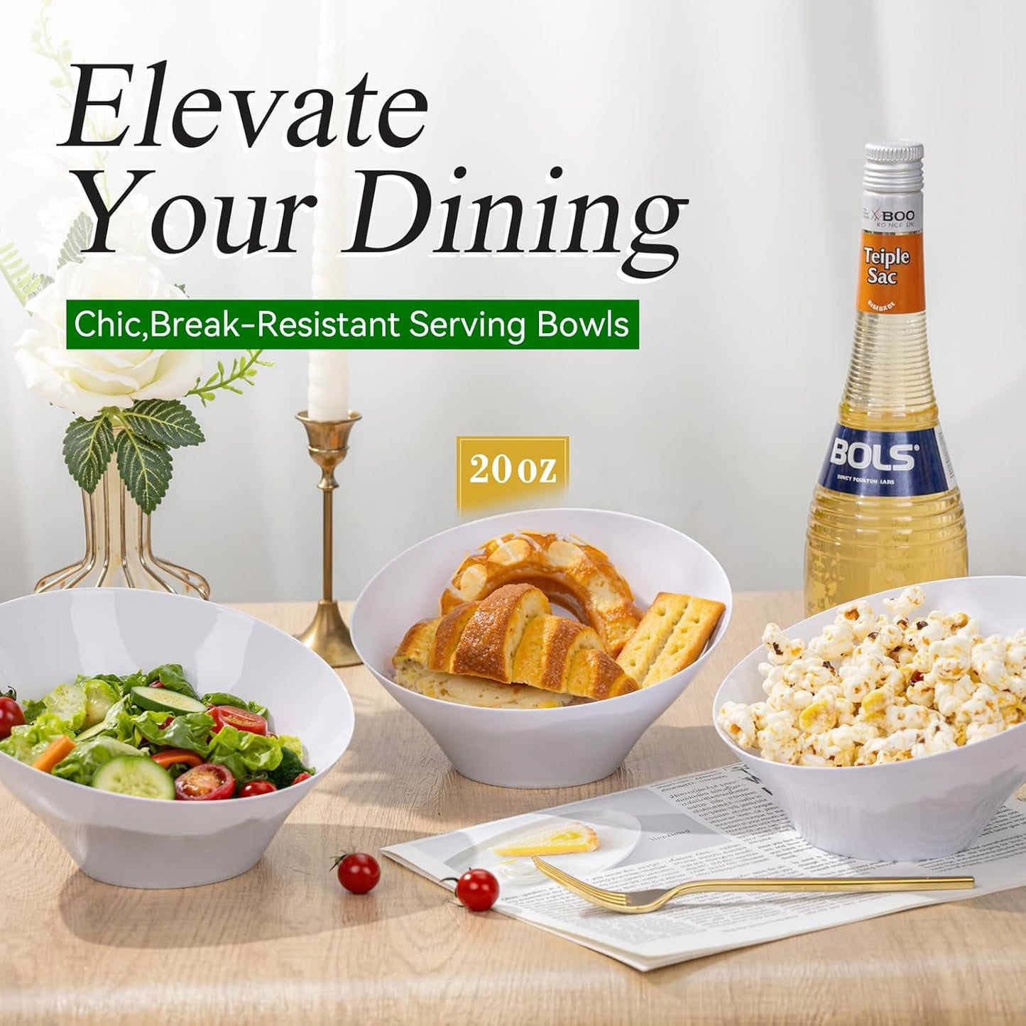 Liacere 16 Pack White Plastic Serving Bowls - 20 OZ Snack Bowl - Disposable Bowl Angled Party Table Salad and Fruit Bowl Small Serving Bowls for Chip&Candy, Ideal for Wedding&Halloween