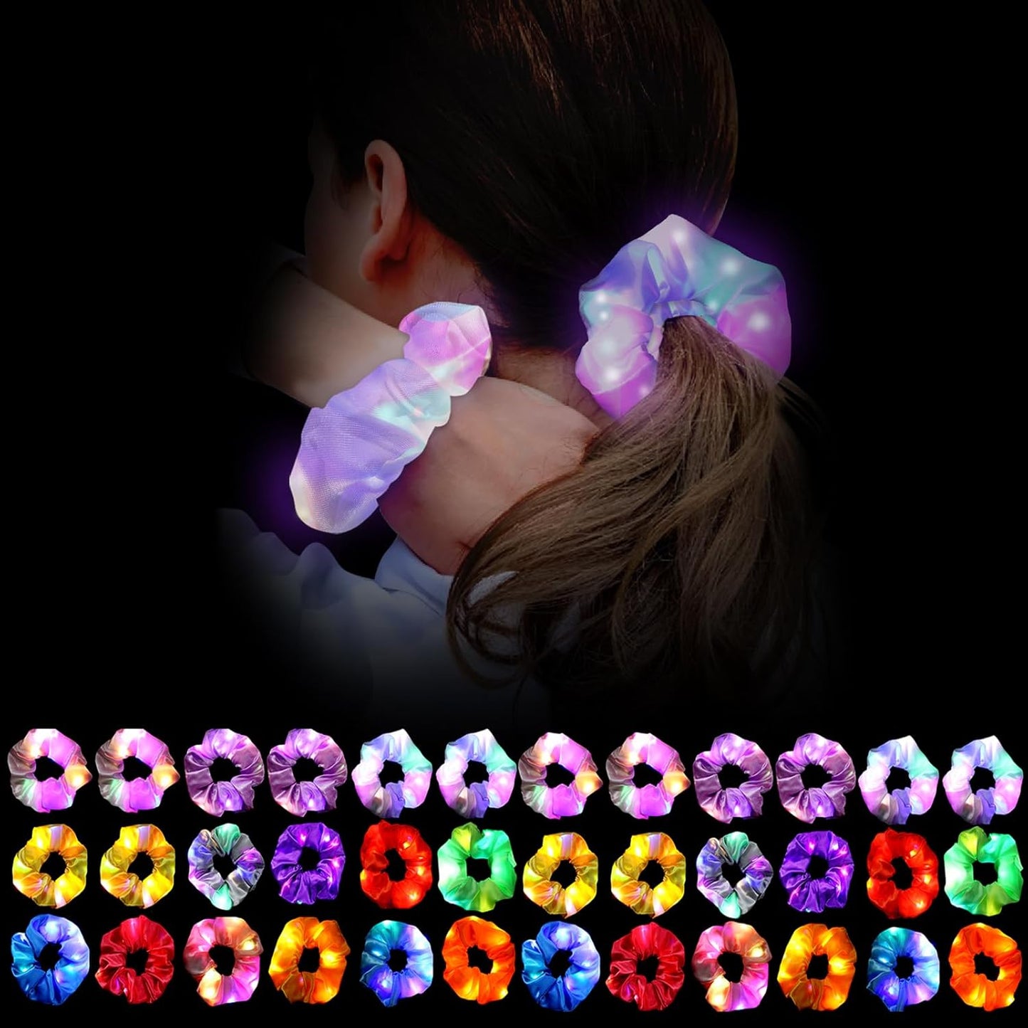 36Pcs Light Up Scrunchies, LED Hair Scrunchies for Women Girls Neon Colorful Hair Tie 3 Light Modes Glow in the Dark Hair Accessories for Rave Slumber Birthday Halloween Christmas Light Up Party Favor