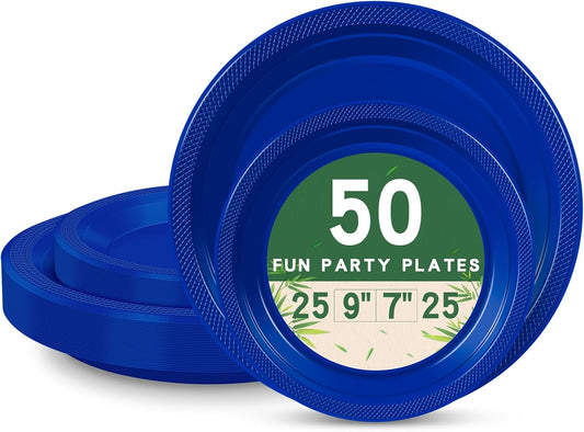 50 Royal Blue Plastic Plates For Party, Includes 25-9" & 25-7" Cake Dessert Plastic Dinner Plates Disposable For Party Supplies