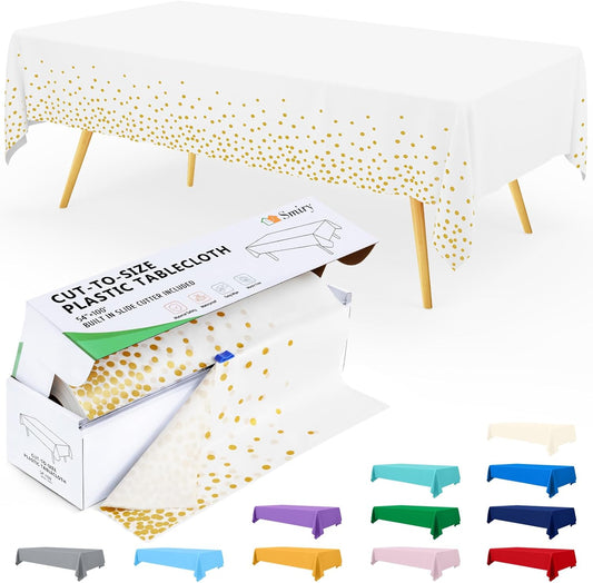 Smiry 54 Inch x 100 Feet Disposable Table Cover Roll, White & Gold Plastic Table Cloth in Cut-to-Size Box with Slide Cutter, Waterproof Rectangle Tablecloths for Weddings, Banquets, Outdoor