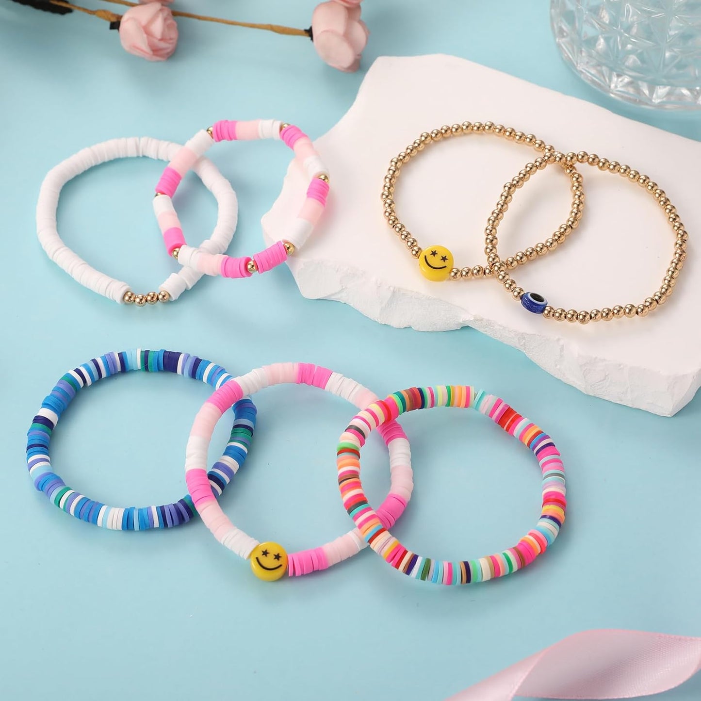Preppy Bracelets Set Colorful White Gold Smile Heart Star Polymer Beaded Pearl Clay Stackable Charm Y2K Kidcore Aesthetic Summer Beach Bohemian Stretch Layering Bracelets Jewelry for Girls Women Teens
