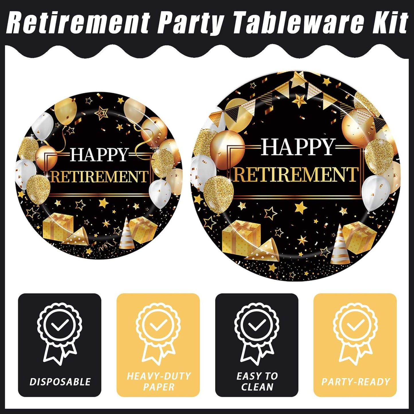 96 Pcs Retirement Party Plates and Napkins Set, Happy Retirement Party Supplies Decorations for Men Women Gold and Black Farewell Going Away Disposable Dinnerware Tableware Kit, Serves 24